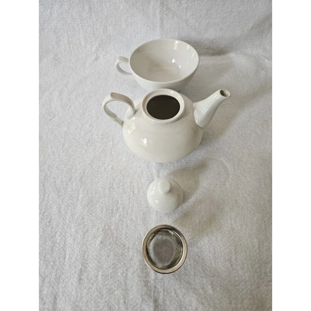 World Market White Tea For One Teapot Cup Set Infuser Ceramic Made In China